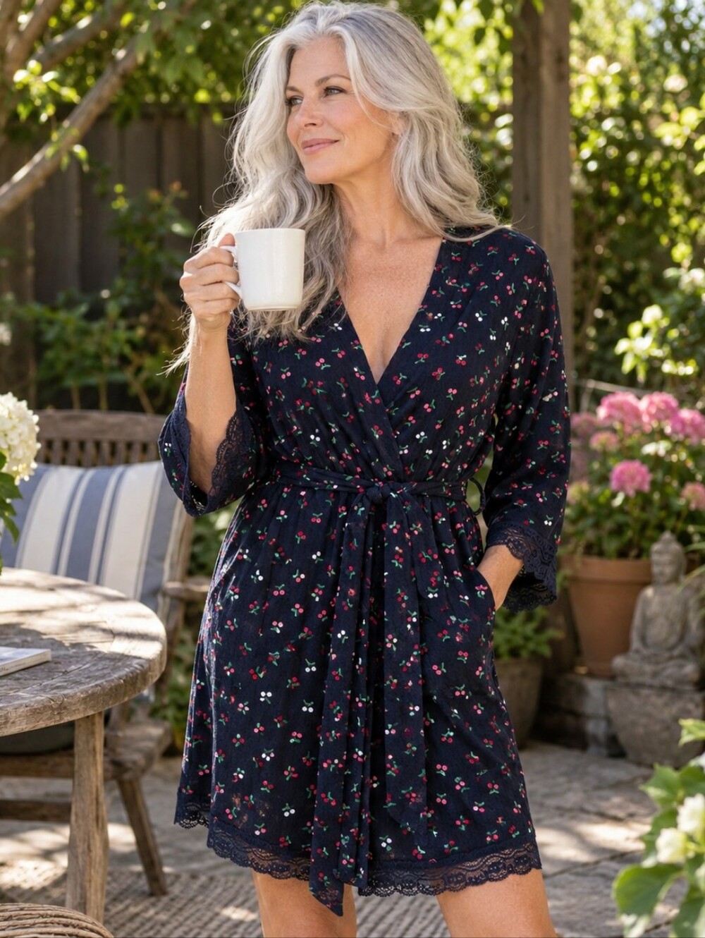 LOFT Cherry Print Robe Large Navy Lace Trim Wrap Belt NWT
